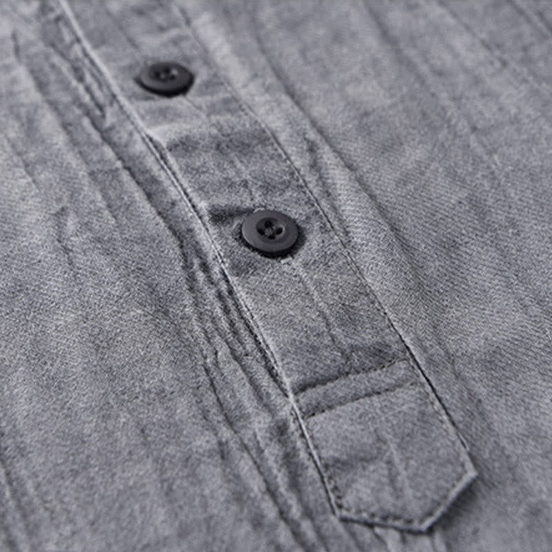 Buddha Stones Solid Long Sleeve Stand Collar Wrinkles Half Button Ramie Linen Men's Shirts - image 7