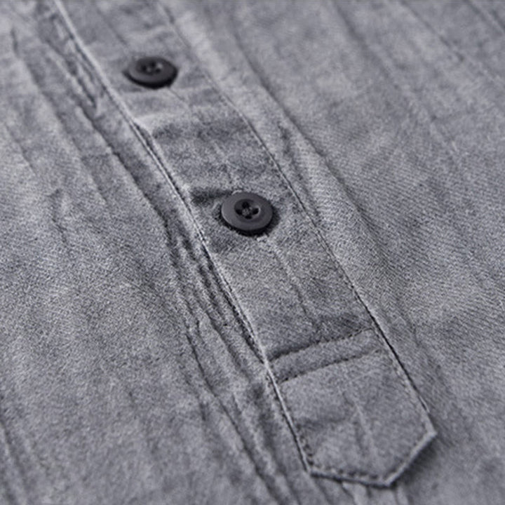 Buddha Stones Solid Long Sleeve Stand Collar Wrinkles Half Button Ramie Linen Men's Shirts - image 7