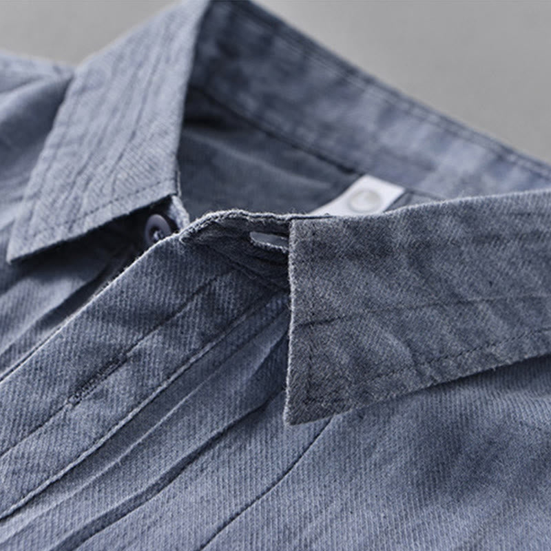 Buddha Stones Solid Long Sleeve Stand Collar Wrinkles Half Button Ramie Linen Men's Shirts - image 12