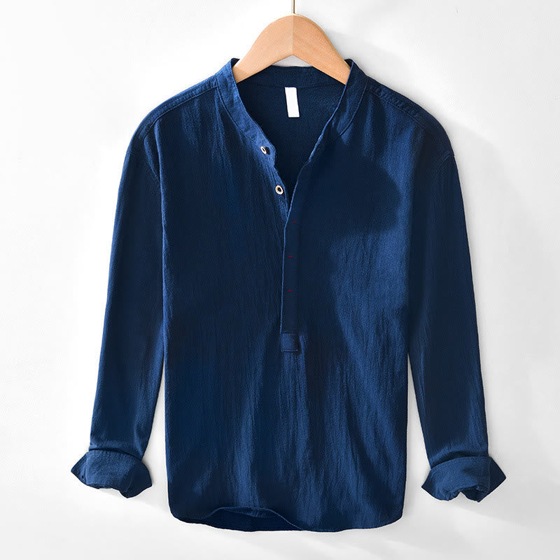 Buddha Stones Spring Fall Solid Long Sleeve Half Button Cotton Men's Shirts - Navy - US/UK/AU44,EU54 (4XL) - image 3