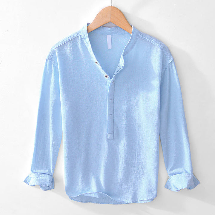 Buddha Stones Spring Fall Solid Long Sleeve Half Button Cotton Men's Shirts - LightSkyBlue - US/UK/AU44,EU54 (4XL) - image 2