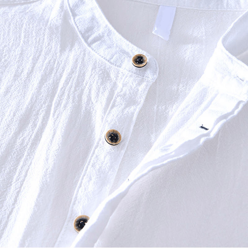 Buddha Stones Spring Fall Solid Long Sleeve Half Button Cotton Men's Shirts - image 6