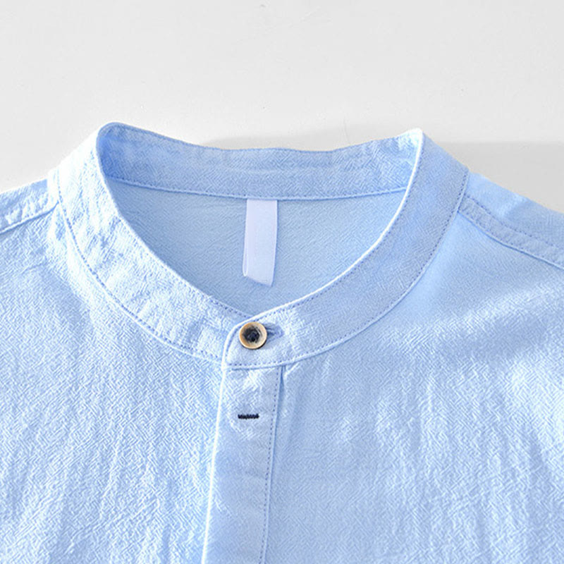 Buddha Stones Spring Fall Solid Long Sleeve Half Button Cotton Men's Shirts - image 18