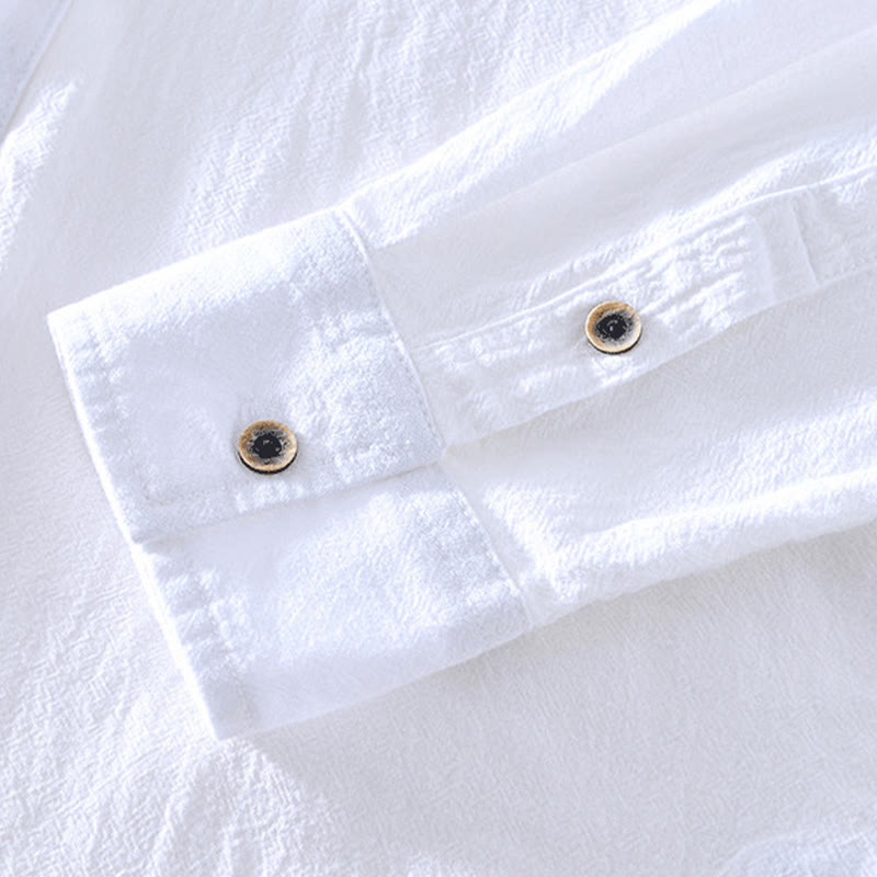 Buddha Stones Spring Fall Solid Long Sleeve Half Button Cotton Men's Shirts - image 23