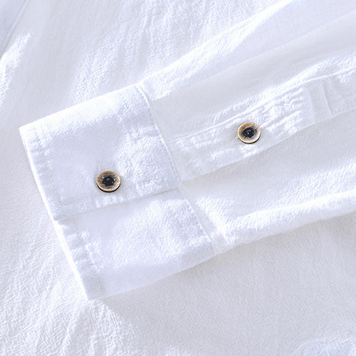 Buddha Stones Spring Fall Solid Long Sleeve Half Button Cotton Men's Shirts - image 23