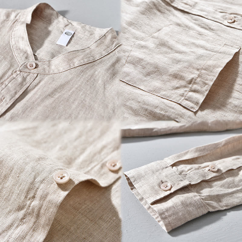 Buddha Stones Simple Fall Long Sleeve Buttons Design Linen Men's Shirts - image 7