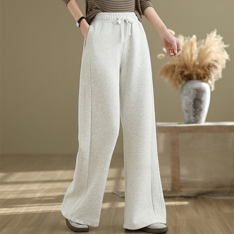 Buddha Stones Casual Plain Cotton Women's Wide Leg Pants With Pockets - WhiteSmoke - US8-10,UK/AU12-14,EU40-42 (2XL) - image 0