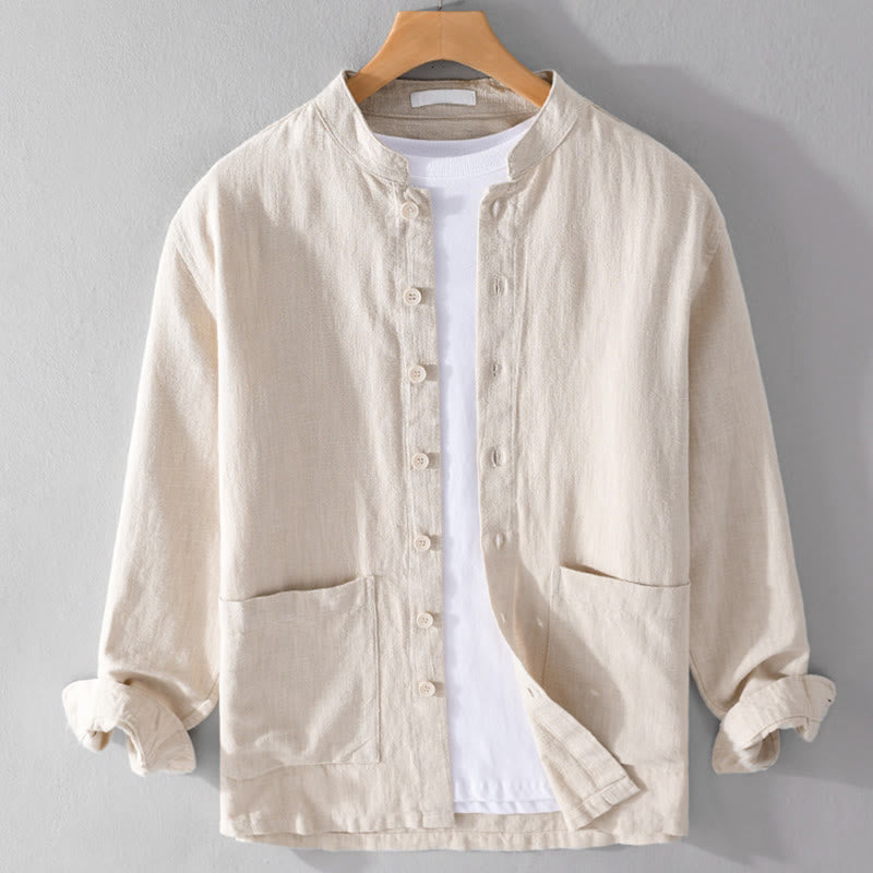 Buddha Stones Solid Long Sleeve Button Down Ramie Cotton Men's Shirts With Pockets - Beige - US/UK/AU42,EU52 (3XL) - image 8