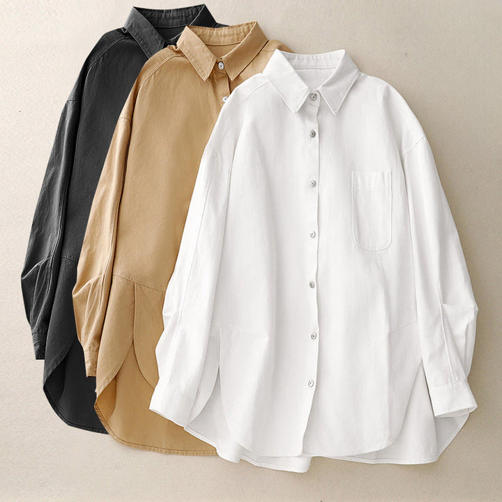 Buddha Stones Casual Women's Stand Collar Long Sleeve Design Plain Cotton Shirt - image 22