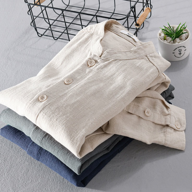 Buddha Stones Solid Long Sleeve Button Down Ramie Cotton Men's Shirts With Pockets - image 18