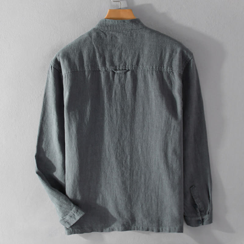 Buddha Stones Solid Long Sleeve Button Down Ramie Cotton Men's Shirts With Pockets - image 2