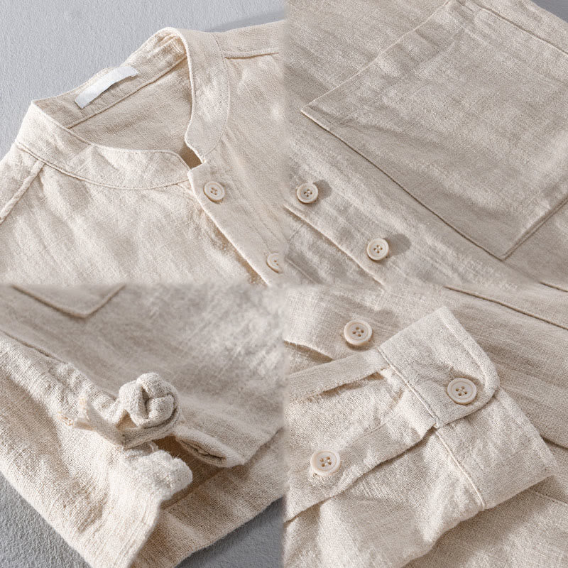 Buddha Stones Solid Long Sleeve Button Down Ramie Cotton Men's Shirts With Pockets - image 16