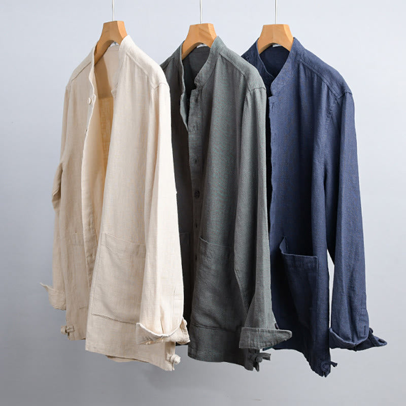 Buddha Stones Solid Long Sleeve Button Down Ramie Cotton Men's Shirts With Pockets - image 1