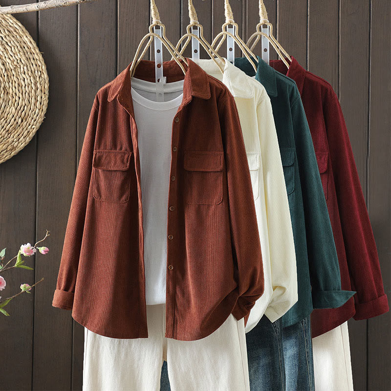 Buddha Stones Corduroy Women's Cotton Long Sleeve Jacket With Pockets - image 0