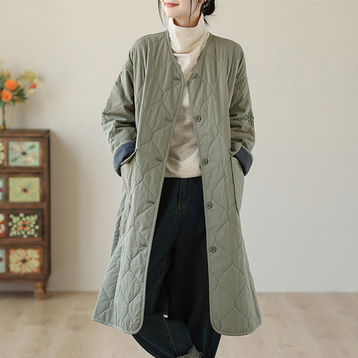 Buddha Stones Plain Buttons Women's Cotton Padded Coat With Pockets - DarkSeaGreen - US14,UK/AU18,EU46 (2XL) - image 0