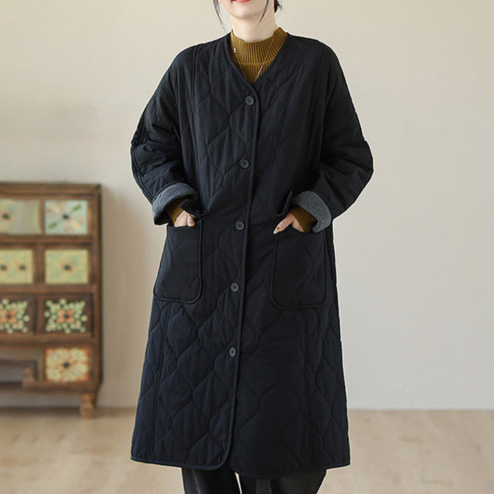 Buddha Stones Plain Buttons Women's Cotton Padded Coat With Pockets - Black - US14,UK/AU18,EU46 (2XL) - image 5
