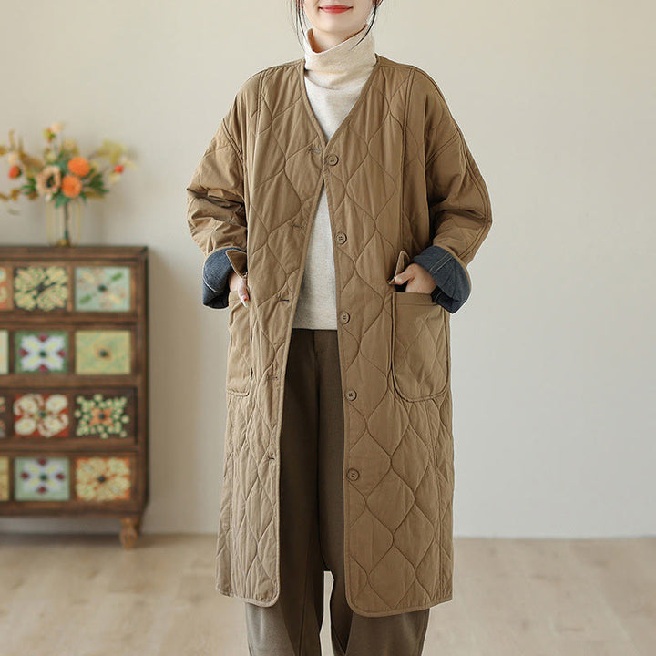 Buddha Stones Plain Buttons Women's Cotton Padded Coat With Pockets - Goldenrod - US14,UK/AU18,EU46 (2XL) - image 9