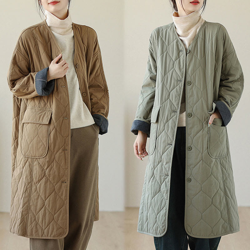Buddha Stones Plain Buttons Women's Cotton Padded Coat With Pockets - image 14