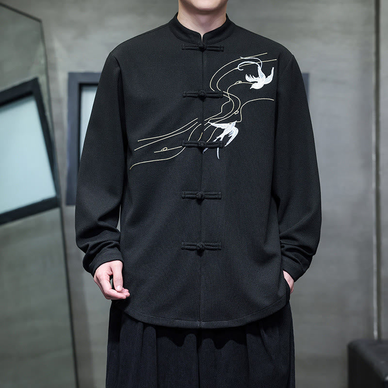 Buddha Stones Frog-Button Swallow Embroidery Stand Collar Long Sleeve Tang Suit Men's Shirt - Black - US/UK/AU46,EU56 (5XL) - image 0