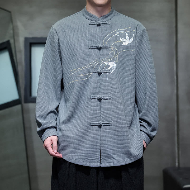 Buddha Stones Frog-Button Swallow Embroidery Stand Collar Long Sleeve Tang Suit Men's Shirt - LightSteelBlue - US/UK/AU46,EU56 (5XL) - image 13