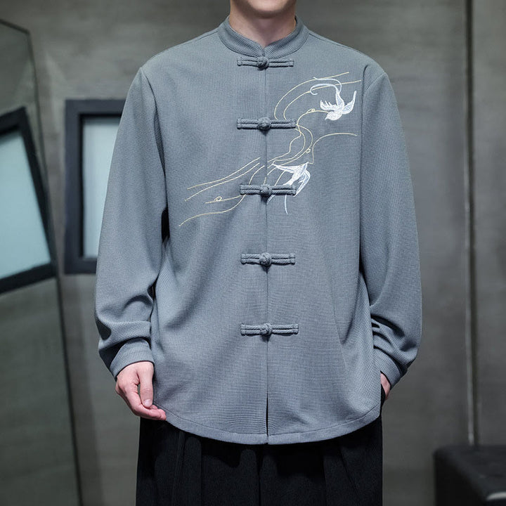 Buddha Stones Frog-Button Swallow Embroidery Stand Collar Long Sleeve Tang Suit Men's Shirt - LightSteelBlue - US/UK/AU46,EU56 (5XL) - image 13