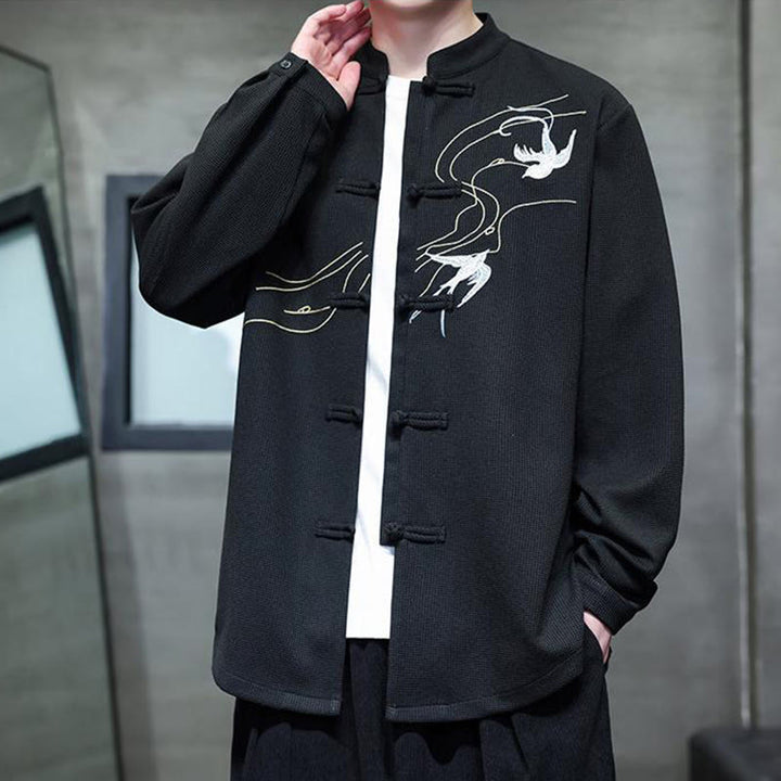 Buddha Stones Frog-Button Swallow Embroidery Stand Collar Long Sleeve Tang Suit Men's Shirt - image 8