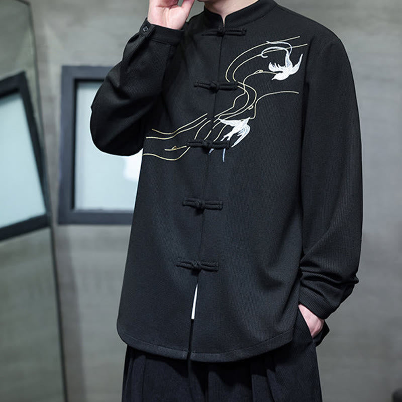 Buddha Stones Frog-Button Swallow Embroidery Stand Collar Long Sleeve Tang Suit Men's Shirt - image 4