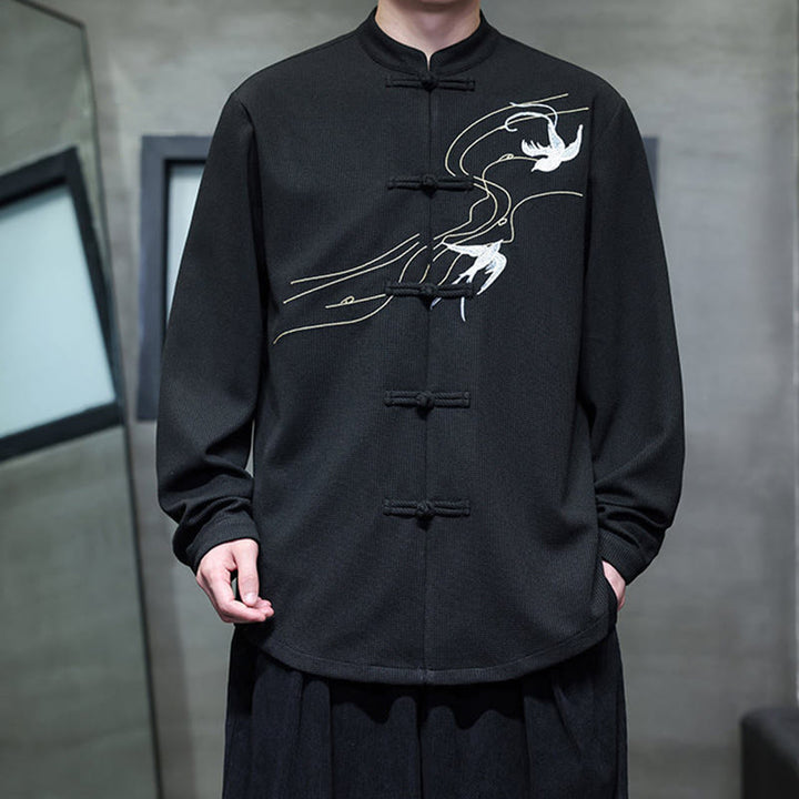 Buddha Stones Frog-Button Swallow Embroidery Stand Collar Long Sleeve Tang Suit Men's Shirt - image 5