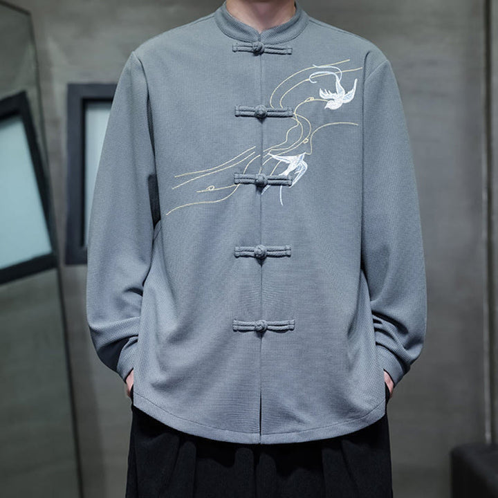 Buddha Stones Frog-Button Swallow Embroidery Stand Collar Long Sleeve Tang Suit Men's Shirt - image 18