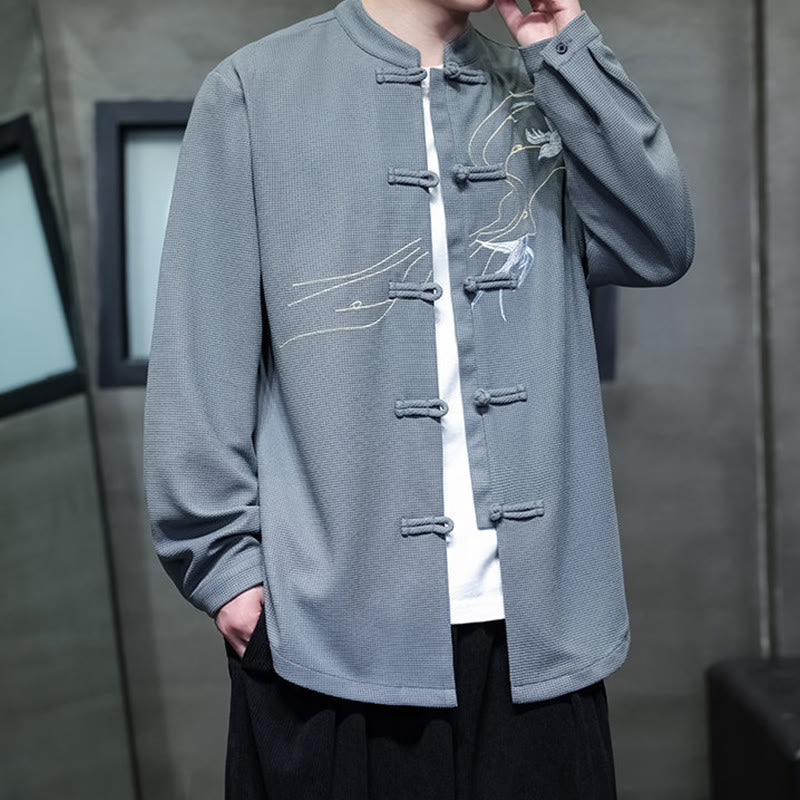 Buddha Stones Frog-Button Swallow Embroidery Stand Collar Long Sleeve Tang Suit Men's Shirt - image 19