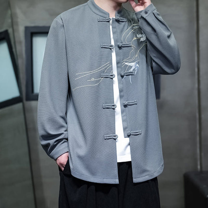 Buddha Stones Frog-Button Swallow Embroidery Stand Collar Long Sleeve Tang Suit Men's Shirt - image 19