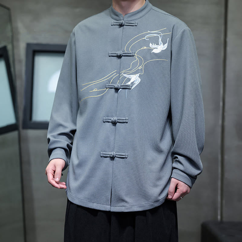 Buddha Stones Frog-Button Swallow Embroidery Stand Collar Long Sleeve Tang Suit Men's Shirt - image 15