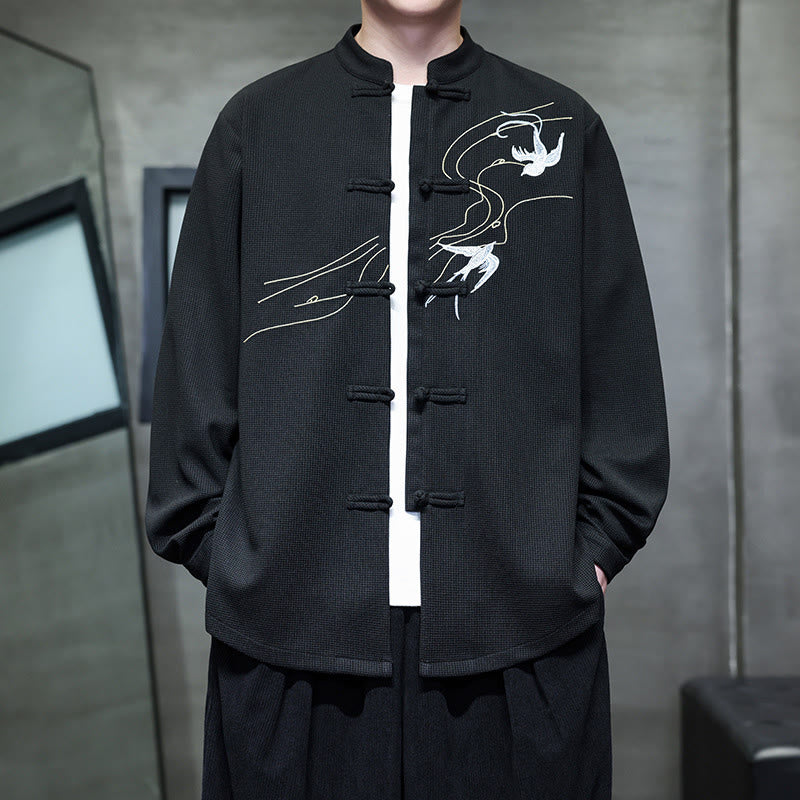 Buddha Stones Frog-Button Swallow Embroidery Stand Collar Long Sleeve Tang Suit Men's Shirt - image 2