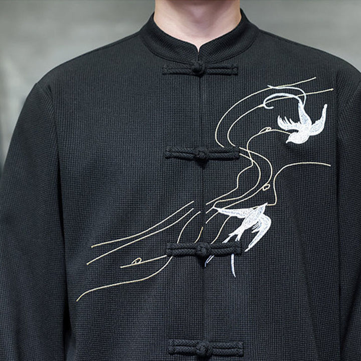 Buddha Stones Frog-Button Swallow Embroidery Stand Collar Long Sleeve Tang Suit Men's Shirt - image 10