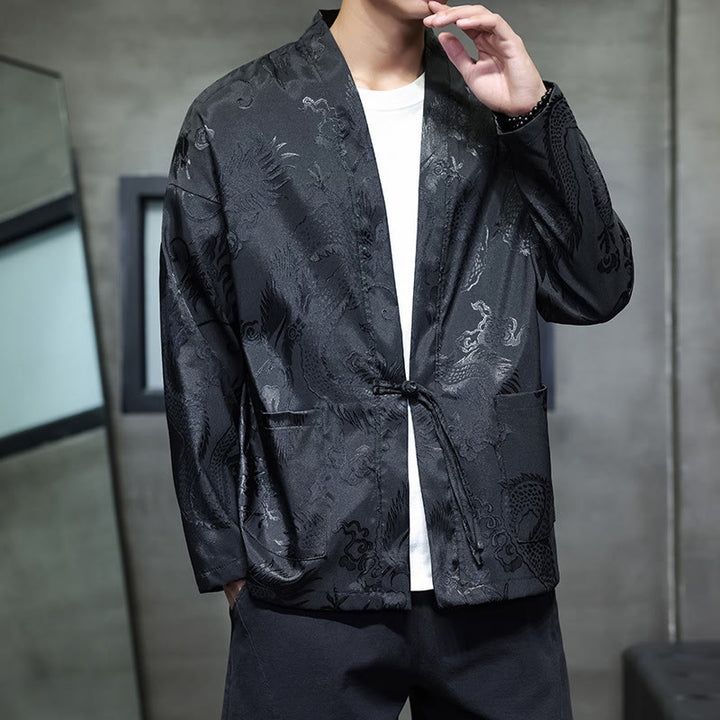 Buddha Stones Frog-Button Dragon Jacquard Stand Collar Long Sleeve Tang Suit Men's Shirt - image 1