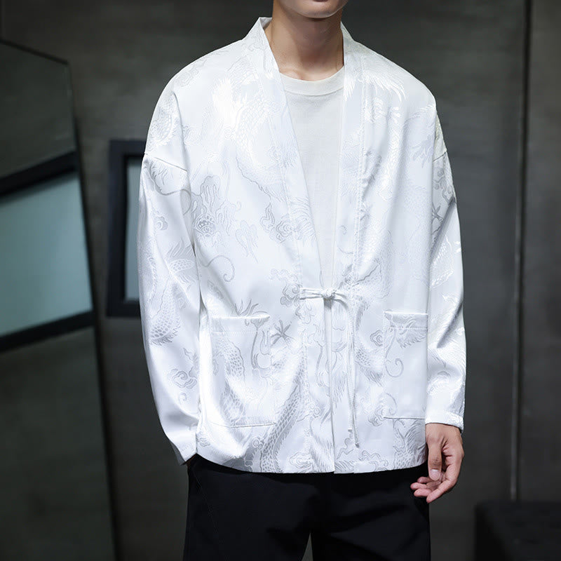 Buddha Stones Frog-Button Dragon Jacquard Stand Collar Long Sleeve Tang Suit Men's Shirt - White - US/UK/AU46,EU56 (5XL) - image 12