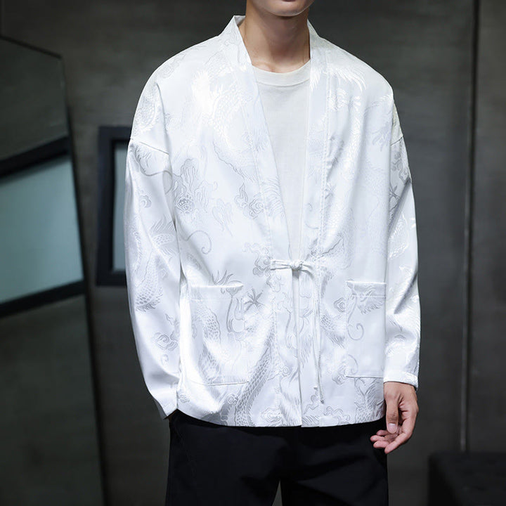 Buddha Stones Frog-Button Dragon Jacquard Stand Collar Long Sleeve Tang Suit Men's Shirt - White - US/UK/AU46,EU56 (5XL) - image 12