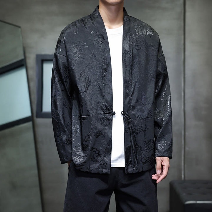 Buddha Stones Frog-Button Dragon Jacquard Stand Collar Long Sleeve Tang Suit Men's Shirt - Black - US/UK/AU46,EU56 (5XL) - image 0