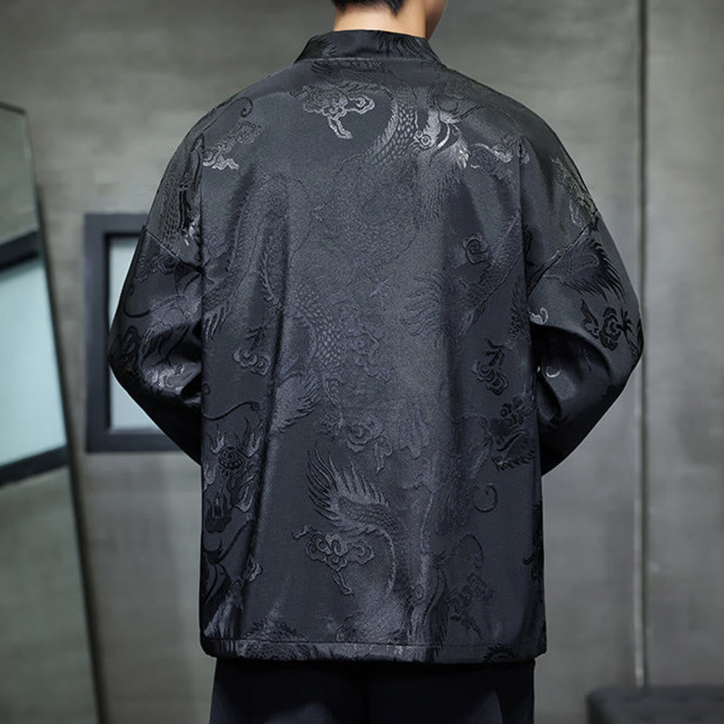 Buddha Stones Frog-Button Dragon Jacquard Stand Collar Long Sleeve Tang Suit Men's Shirt - image 3