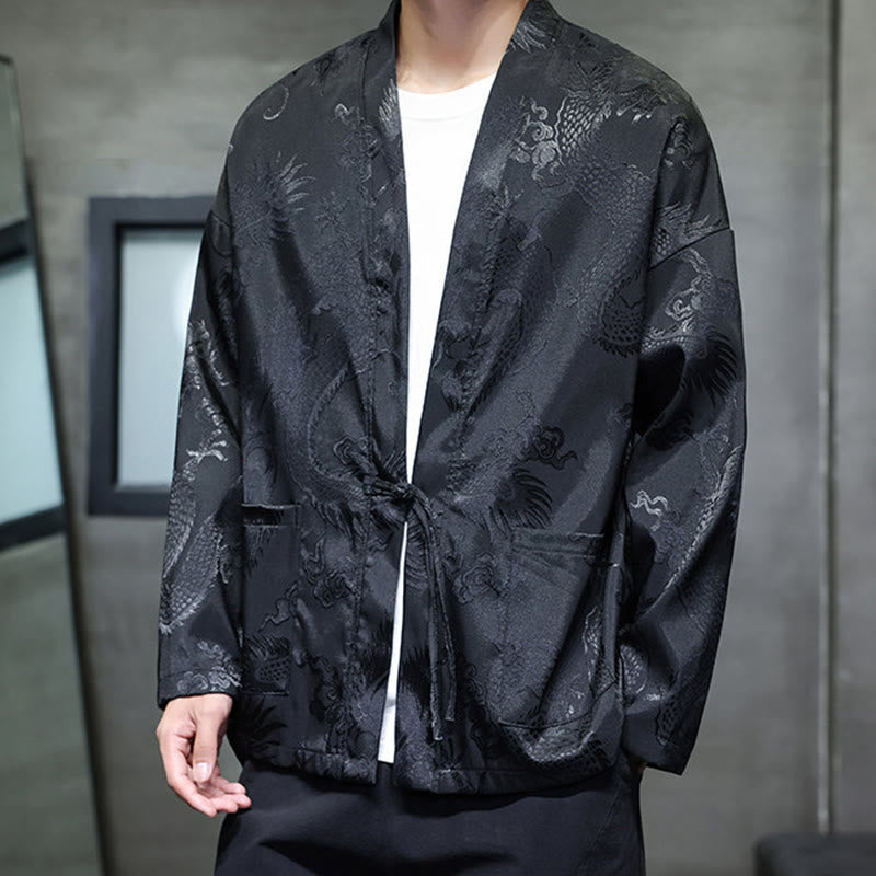 Buddha Stones Frog-Button Dragon Jacquard Stand Collar Long Sleeve Tang Suit Men's Shirt - image 7