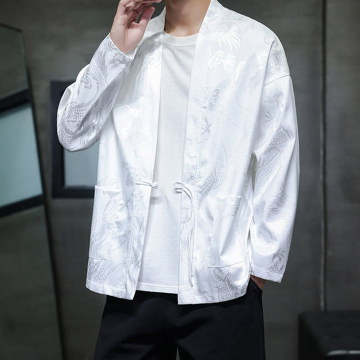 Buddha Stones Frog-Button Dragon Jacquard Stand Collar Long Sleeve Tang Suit Men's Shirt - image 17