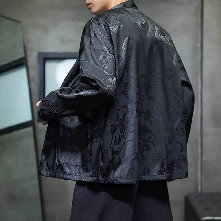 Buddha Stones Frog-Button Dragon Jacquard Stand Collar Long Sleeve Tang Suit Men's Shirt - image 4