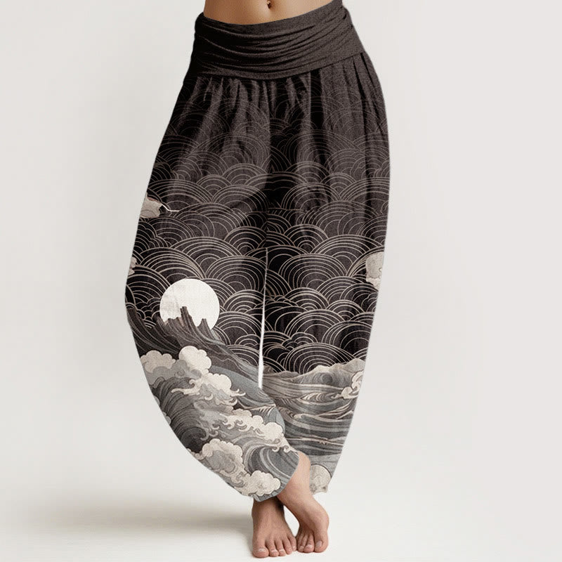 Buddha Stones Pure Cotton Casual Wave Moon Mountain Pattern Women's Elastic Waist Harem Pants - Black - US22,UK/AU26,EU54 (6XL) - image 0