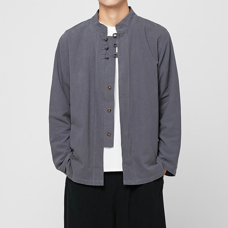 Buddha Stones Chinese Frog-Button Side Slit Men's Long Sleeve Cotton Tang Suit Shirt - LightSlateGray - US/UK/AU46,EU56 (5XL) - image 0