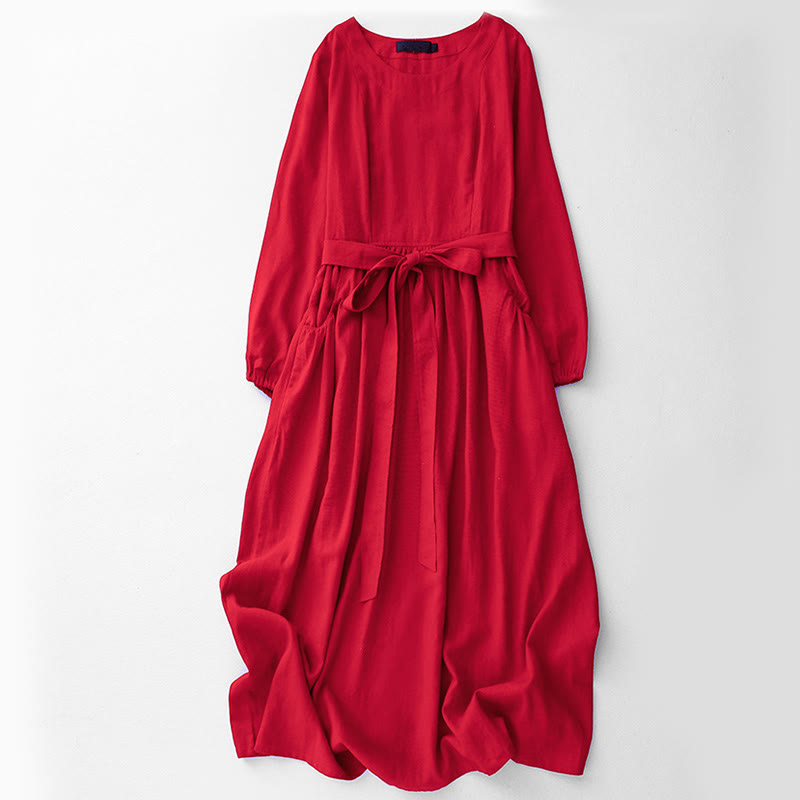 Buddha Stones Plain Long Sleeve Lace-up Desgin Women's Cotton Midi Dress With Pockets - Red - US8-10,UK/AU12-14,EU40-42 (2XL) - image 11