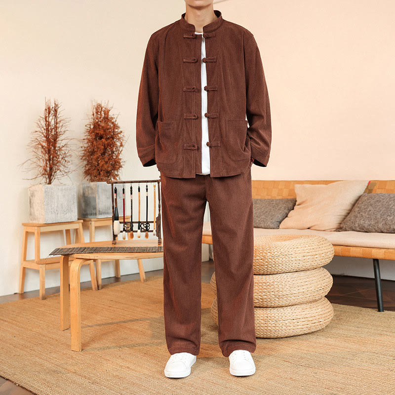 Buddha Stones 2pcs Plain Men's Frog-button Long Sleeve Shirt Pants Cotton Corduroy Set With Pockets - Chocolate - US/UK/AU46,EU56 (5XL) - image 0