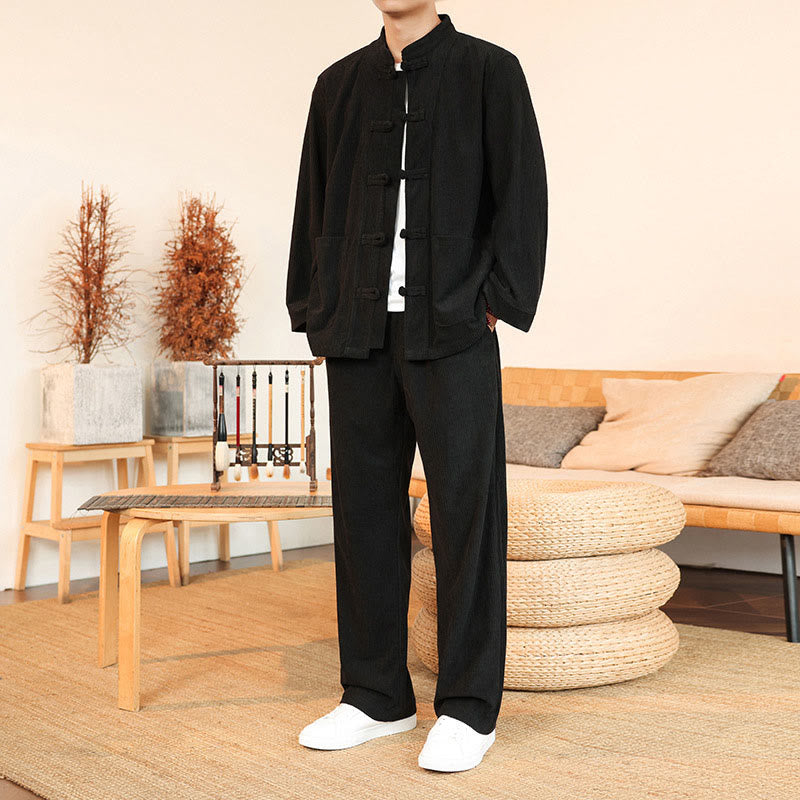 Buddha Stones 2pcs Plain Men's Frog-button Long Sleeve Shirt Pants Cotton Corduroy Set With Pockets - Black - US/UK/AU46,EU56 (5XL) - image 21