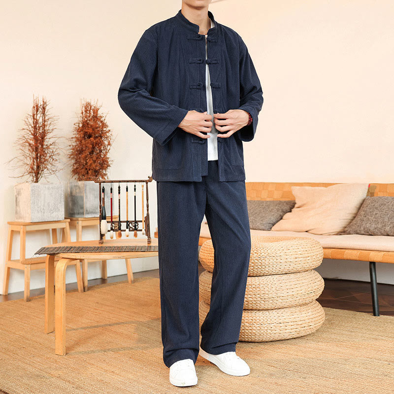 Buddha Stones 2pcs Plain Men's Frog-button Long Sleeve Shirt Pants Cotton Corduroy Set With Pockets - MidnightBlue - US/UK/AU46,EU56 (5XL) - image 29