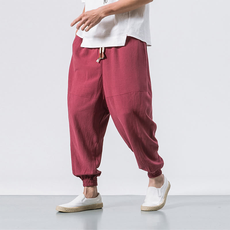 Buddha Stones Men's Plain Simple Drawstring Design Cotton Harem Pants With Pockets - Crimson - US/UK/AU46,EU56 (5XL) - image 7