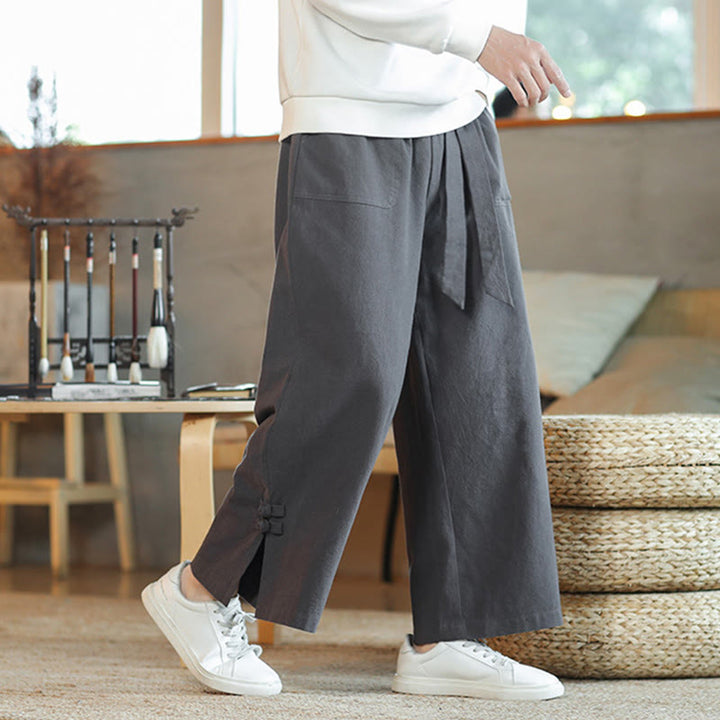 Buddha Stones Fall Drawstring Chinese Frog-Button Men's Wide Leg Cotton Pants With Pockets - LightSlateGray - US/UK/AU46,EU56 (5XL) - image 0